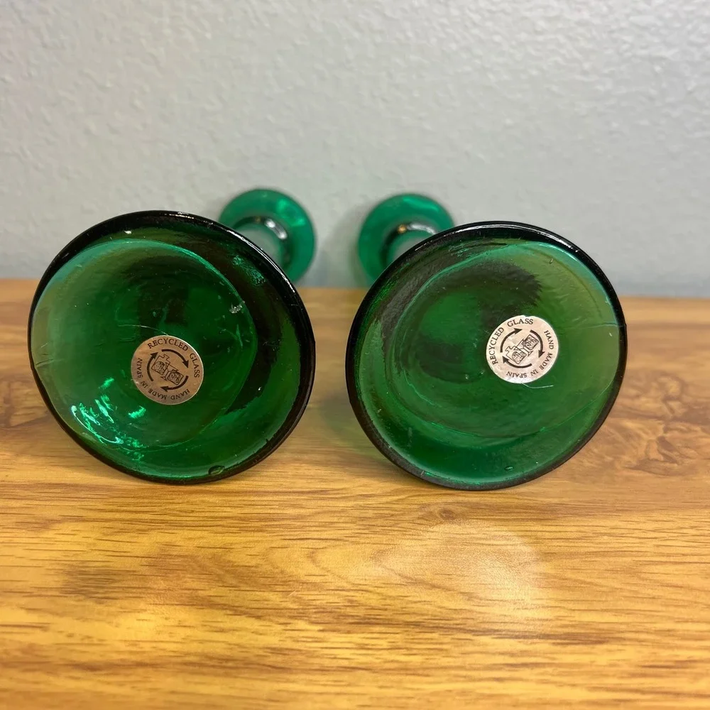 Vtg Recycled Glass Taper Candle Holders Sticks Set 2 Green Made in Spain 8‎ Inch